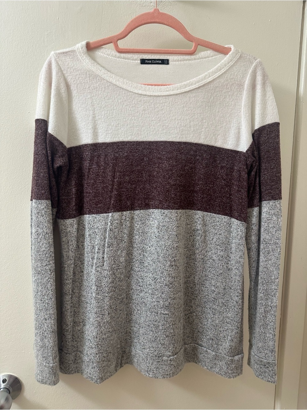 Pink Clover Like New Soft Colorblock Long Sleeve Top - Ivory, Burgundy, Gray
